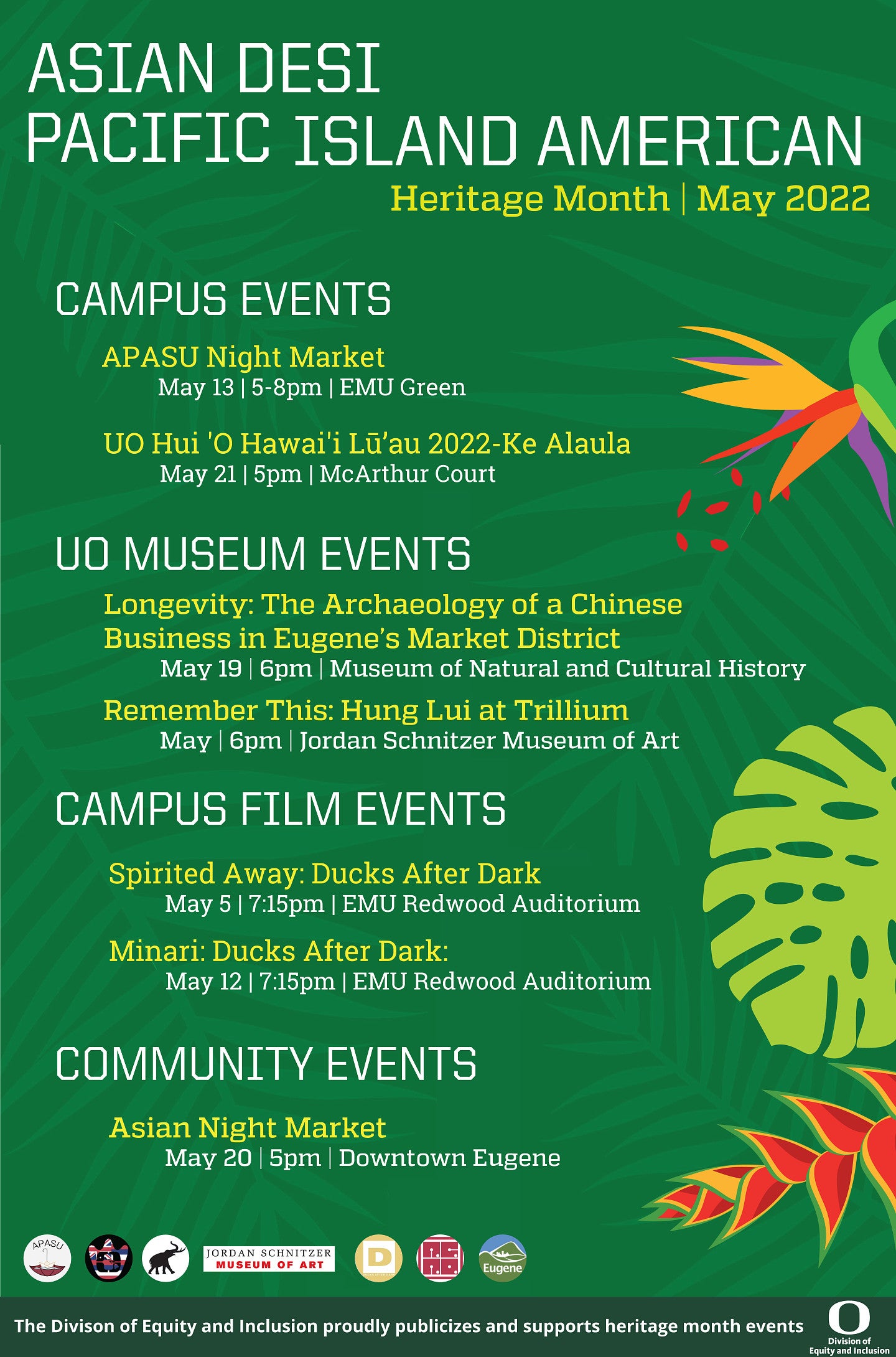 ADPI Month 2022 list of events green with yellow and white and tropical flowers