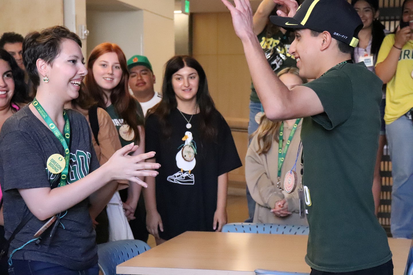 Two students play a game in Allen Hall. 