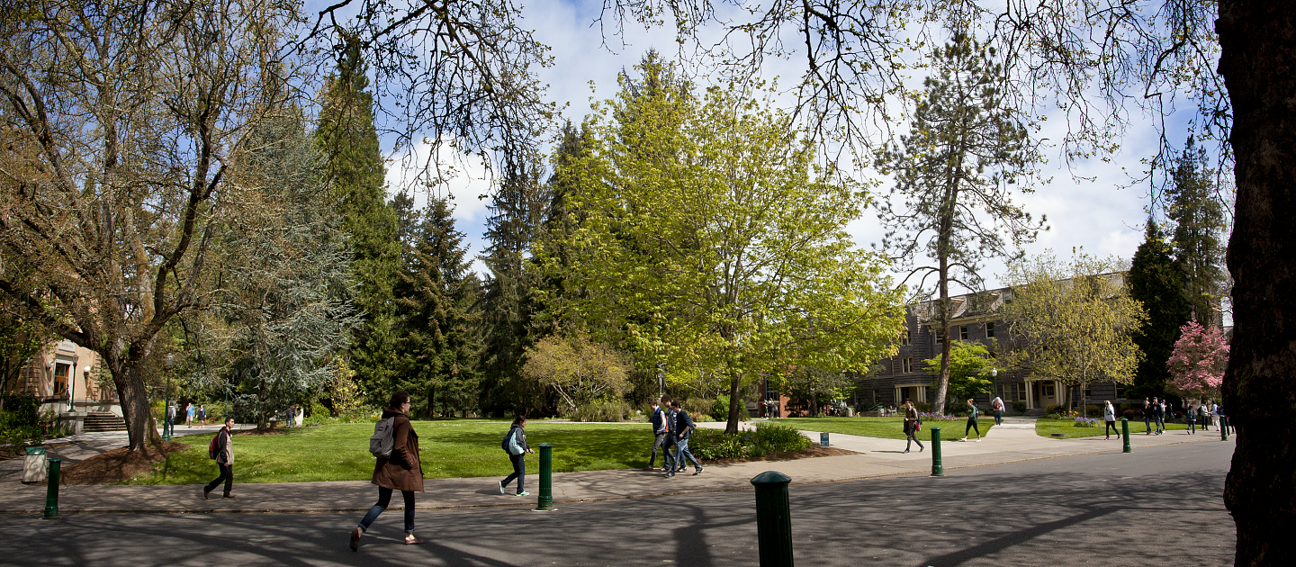 Campus landscape with students commuting.