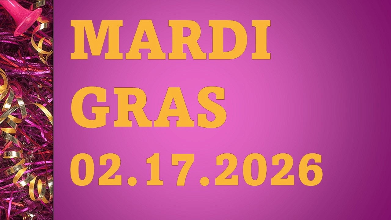 Purple and gold flyer advertising Mardi Gras