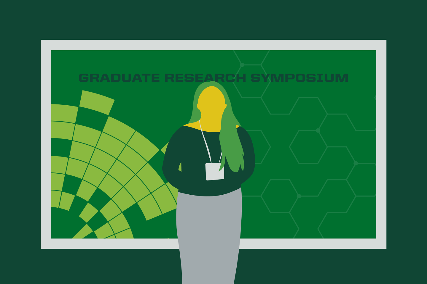 Student presenting in front of a screen titled graduate research symposium.