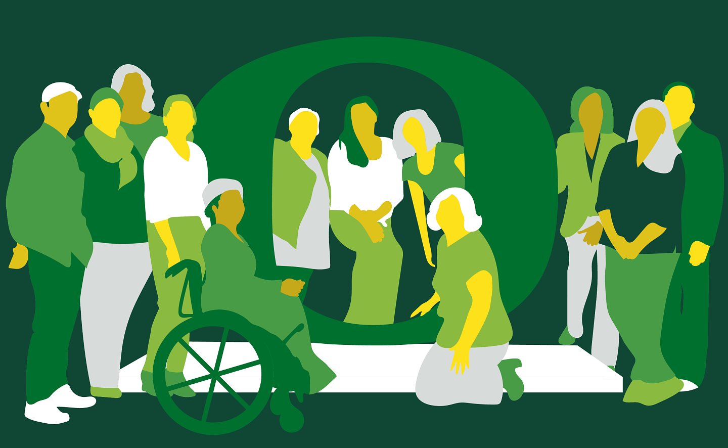 Silhouette art of University of Oregon community around a big O.