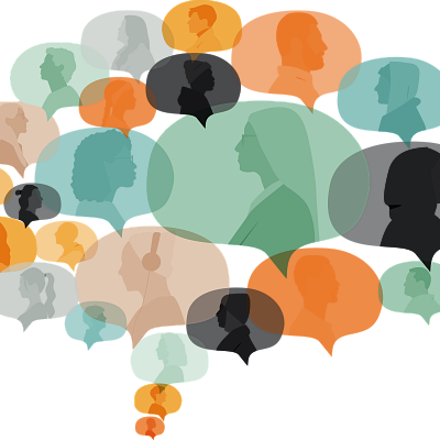 Diverse people in floating speech bubbles