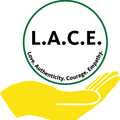 Yellow hand holding Green Circle that says L.A.C.E. Love Authenticity Courage Empathy