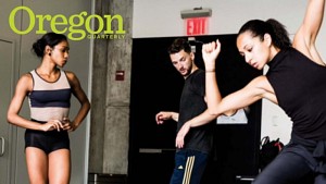 Three people dancing with the Oregon logo in the left hand corner