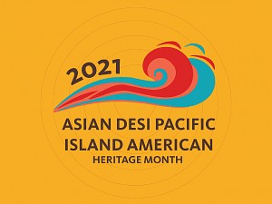 2021 Asian Desi Pacific Island American Heritage Month written on a yellow background in brown above is a red, pink and blue wave