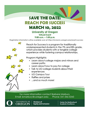 Reach for Success March 10, 2022, 9 - 1, Virtual event, registration info coming soon green print on white background with colored accents