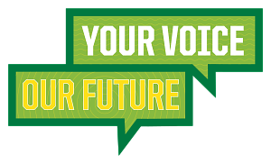 Your voice our future in two separate square word bubbles in green and yellow official branded uo colors