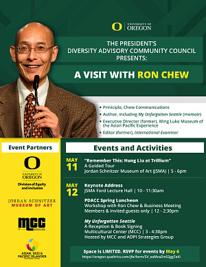 PHoto of Ron Chew on UO branding with description of events and partners for community engagement visit 5_22