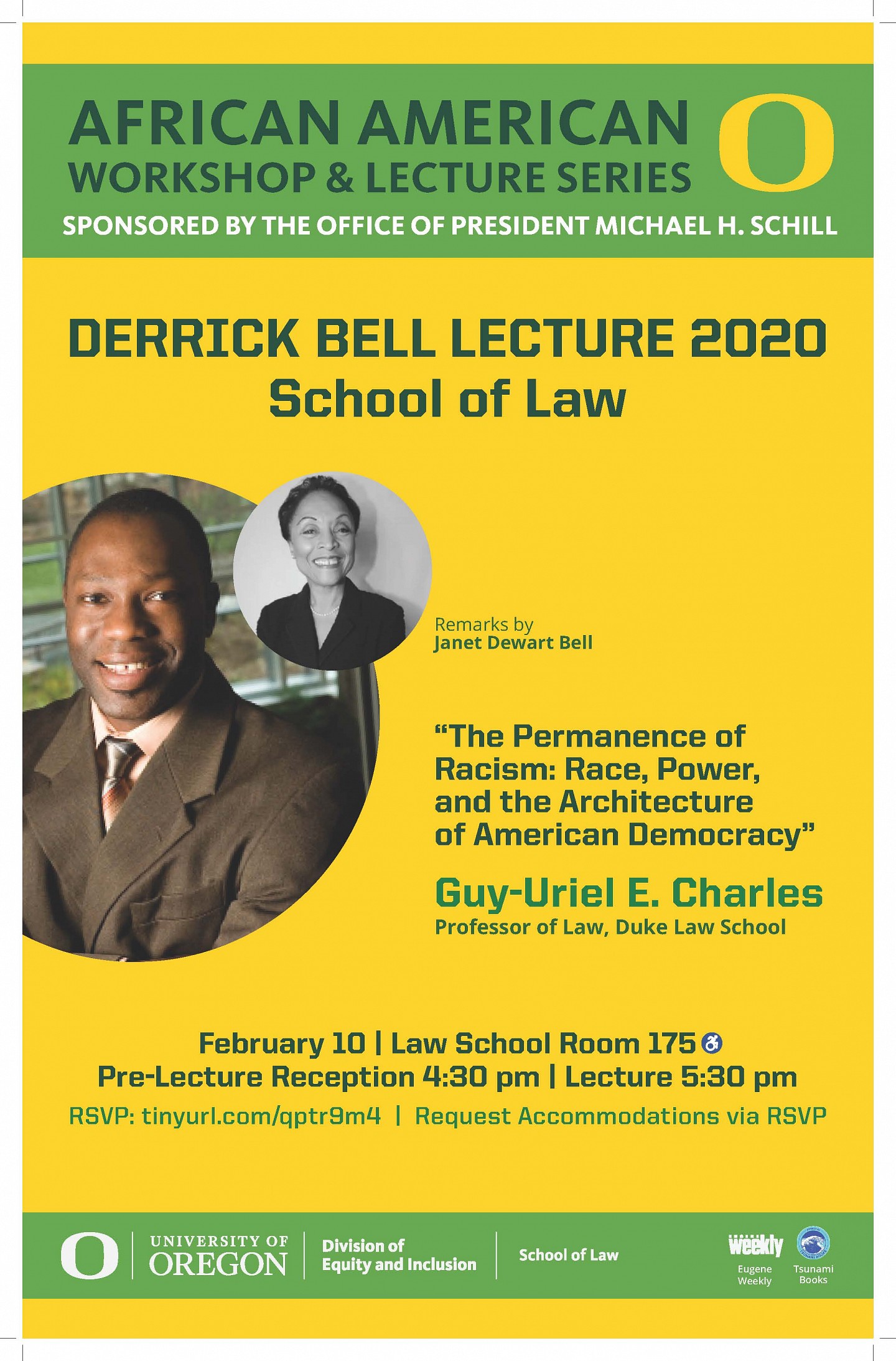 Poster of African American Workshop and Lecture Series and 2020 Derrick Bell Lecture School of Law with Guy-Uriel Charles and Janet Dewart Bell,  February 10 Law School 175