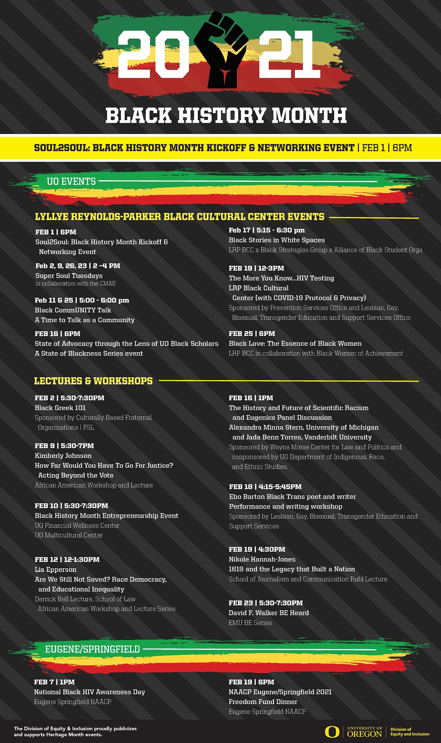 Black History Month 2021 list of events also listed in timeline black fist on red/yellow/green stripe