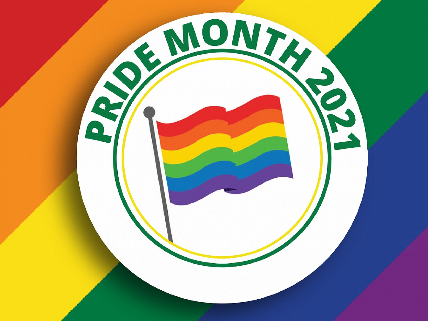 Pride month 2021 badge with a rainbow pride flag in the midde behind the badge is a rainbow background