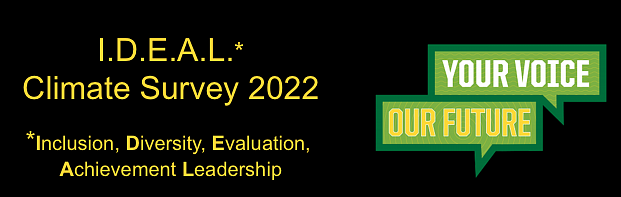IDEAL Climate Survey black background yellow print. Your Voice Our Future - green yellow and white square speaker bubbles