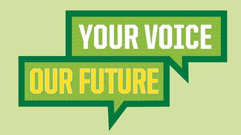 Your voice our feature in word bubbles in shades of green yellow and white