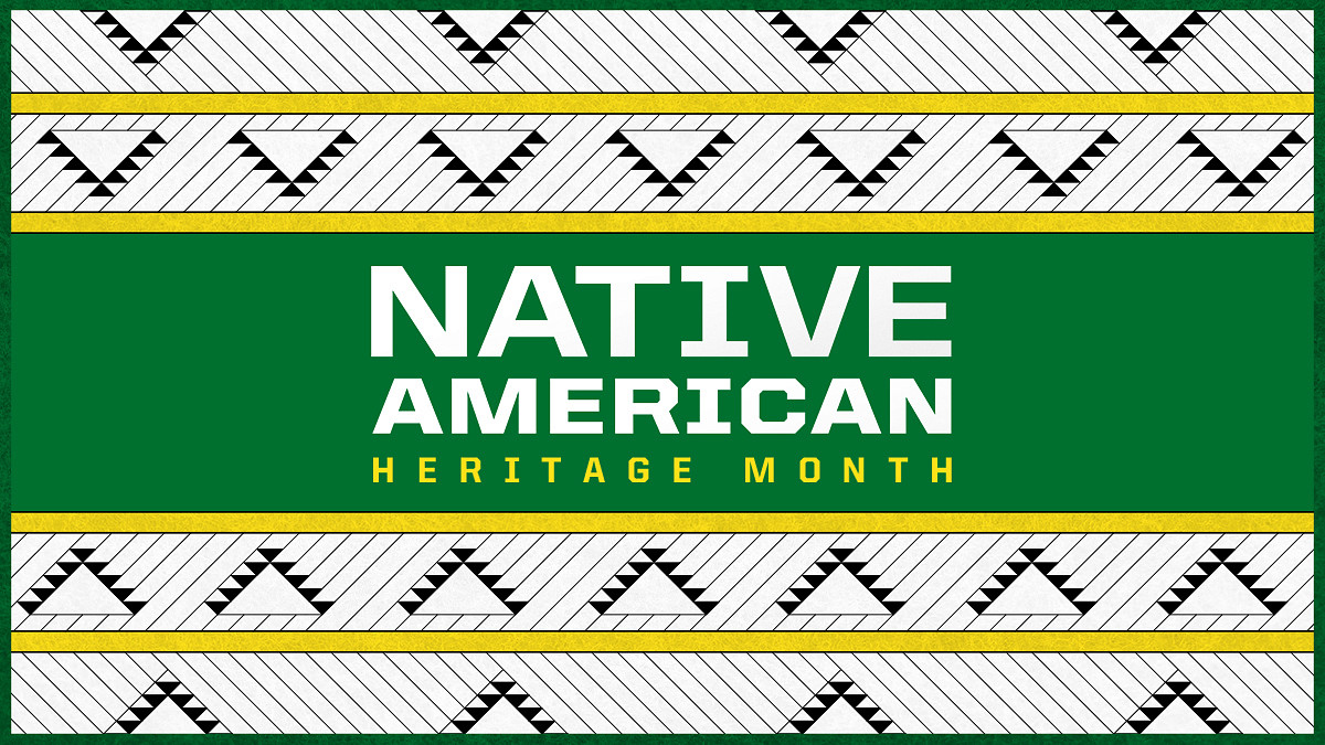 A geometric graphic design announcing Native American History Month