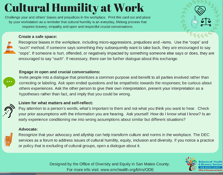 Green card with ideas about cultural humility and work