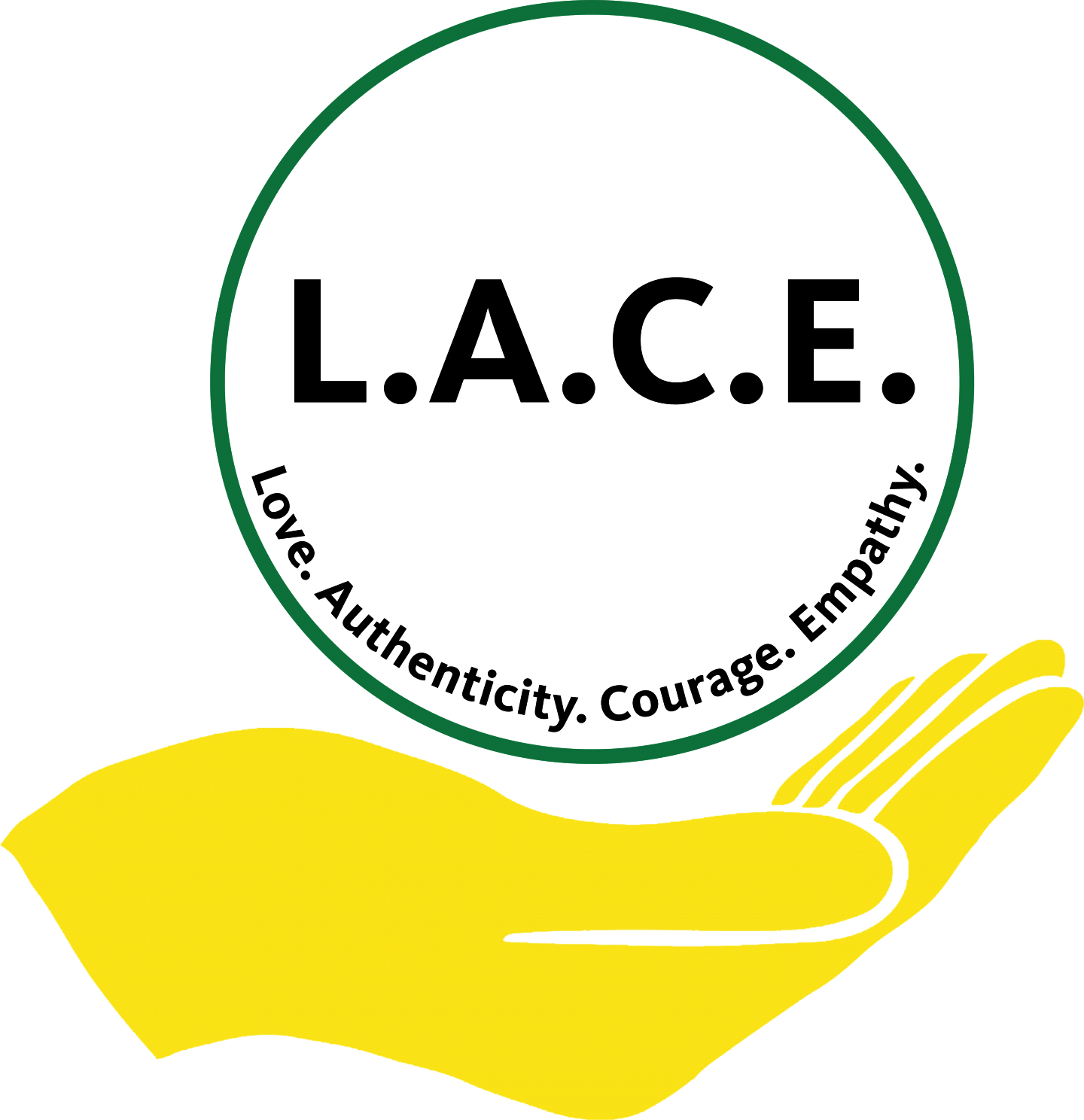 Yellow hand holding Green Circle that says L.A.C.E. Love Authenticity Courage Empathy