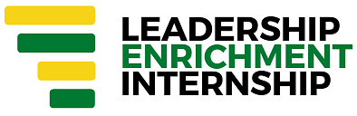 LEI mark small Leadership Enrichment Internaship in bold black and green with green and yellow stripes on side