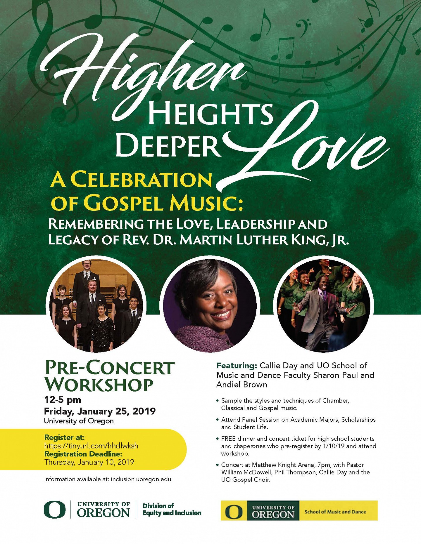 Higher Heights Pre Concert Workshop, noon to 5pm with Callie Day and UO SOMD Sharon Paul and Andeil Brown Friday, Jan 25