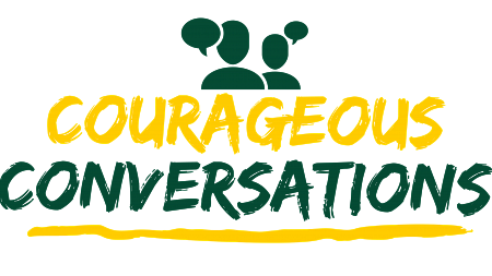 Courageous conversations with words Courageous Conversations Green and Yellow animated style people talking