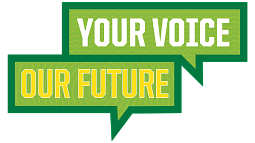Your voice our future in two separate square word bubbles in green and yellow official branded uo colors