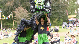 person dancing with a Chinese Dragon Costume in park with people watching