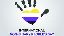 black yellow purple hand with striped heart as palm international world non-binary day