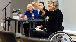 Accessibility workshop sygall LACE photo Susan Sygall talking at accessibility workshop in classroom