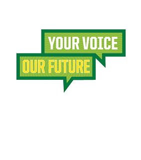 Your voice our future in two separate square word bubbles in green and yellow official branded uo colors
