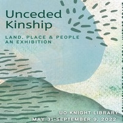 Land and wster images in blues and greens with title of event Unceded Kinship Land Place and People: An Exhibition