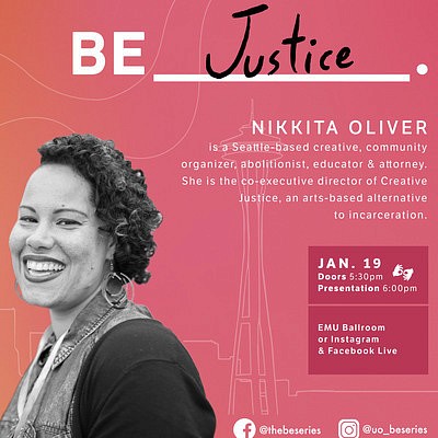  Nikkita Oliver Be Justice part of BE Series, photo on pinkish background